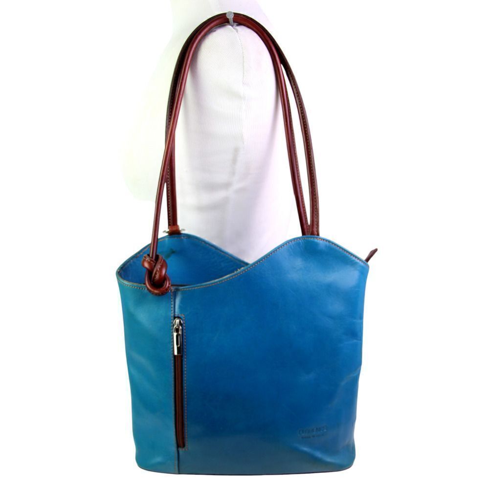 Florence BLUE GENUINE LEATHER BROWN TRIM SHOULDER BAG CONVERTIBLE BACKPACK PURSE